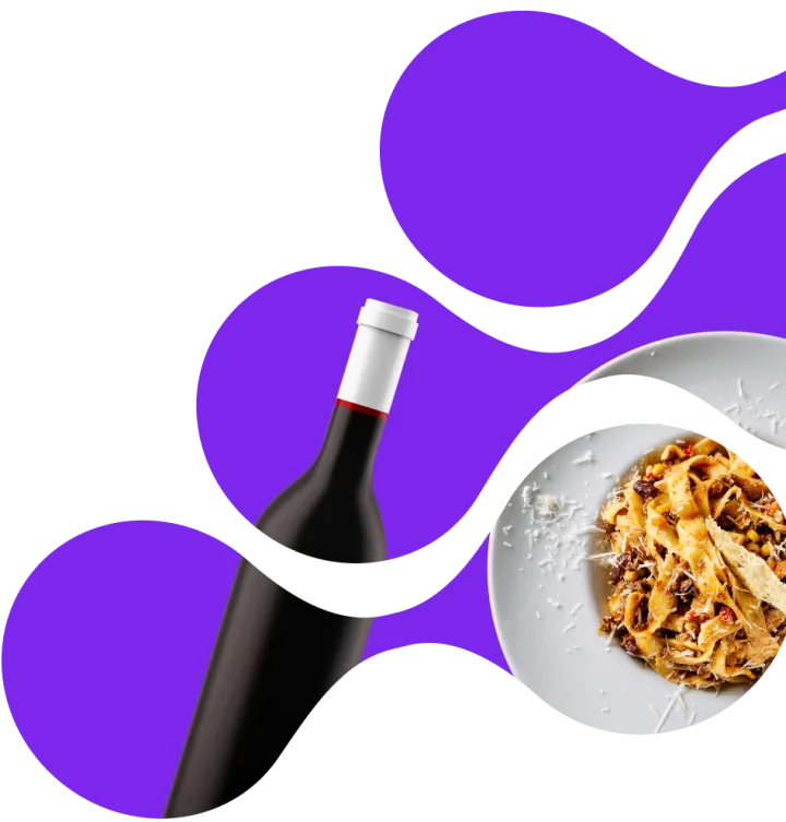 A bottle of red wine and a plate of pasta on the Wineater purple pattern