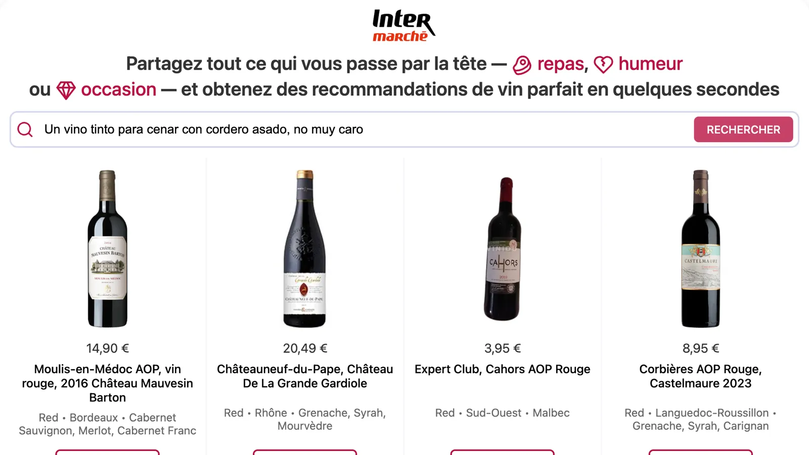 Intermarché wine widget. A shopper typed a Spanish request for a red wine to go with roast lamb. Four red wines from the shop are shown with prices and French labels.