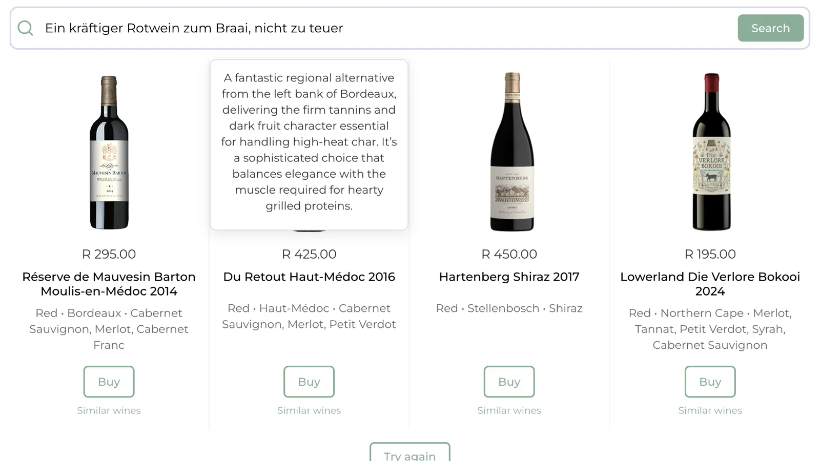 Brice & Burnett wine widget. After a German request for a strong red wine for a braai, hovering over a wine card shows why it was picked: exceptional value, dark berry fruit and spice that suit grilled food.