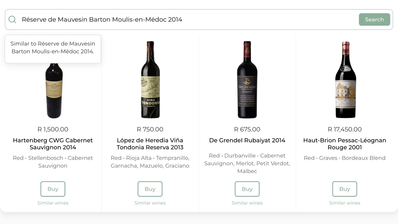 Brice & Burnett wine widget after clicking Similar wines on a Bordeaux red. The search box shows the reference wine and four similar red wines are listed with prices.