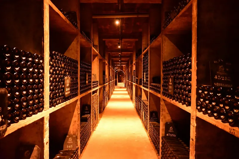 Largo pasillo de una bodega con botelleros llenos de botellas bajo una luz cálida